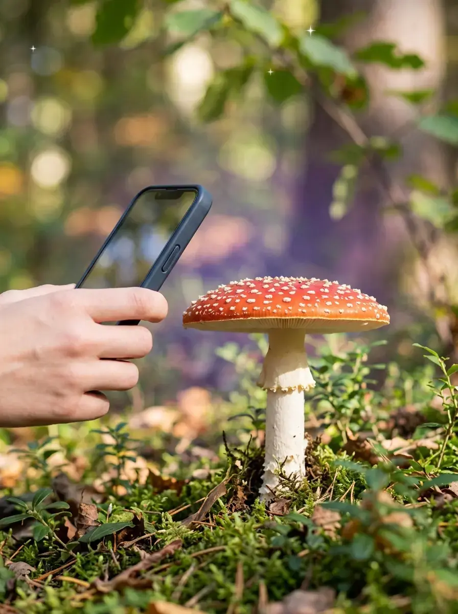Smartphone photographing a wild mushroom to identify the species