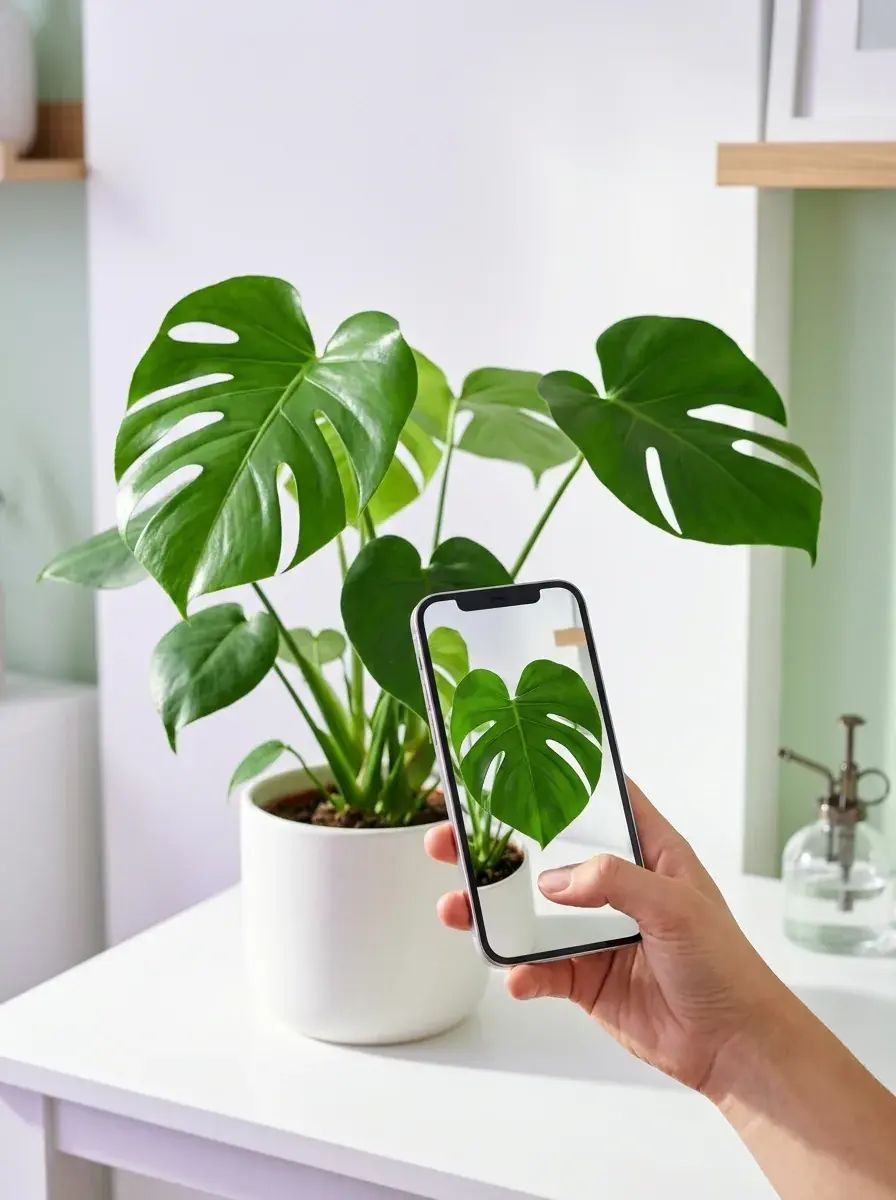 O persoană fotografiază o plantă în ghiveci cu un smartphone pentru a-i identifica specia