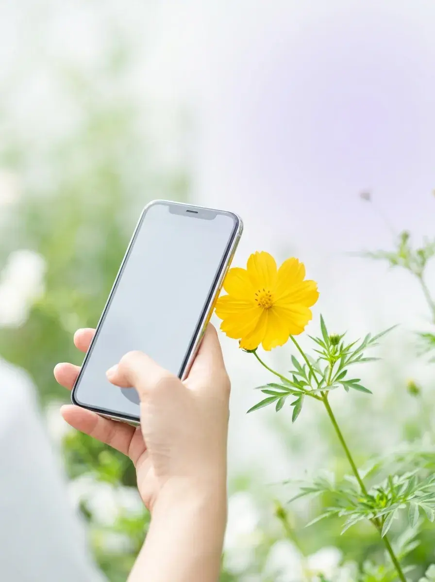 Person using a phone to identify a bright yellow flower