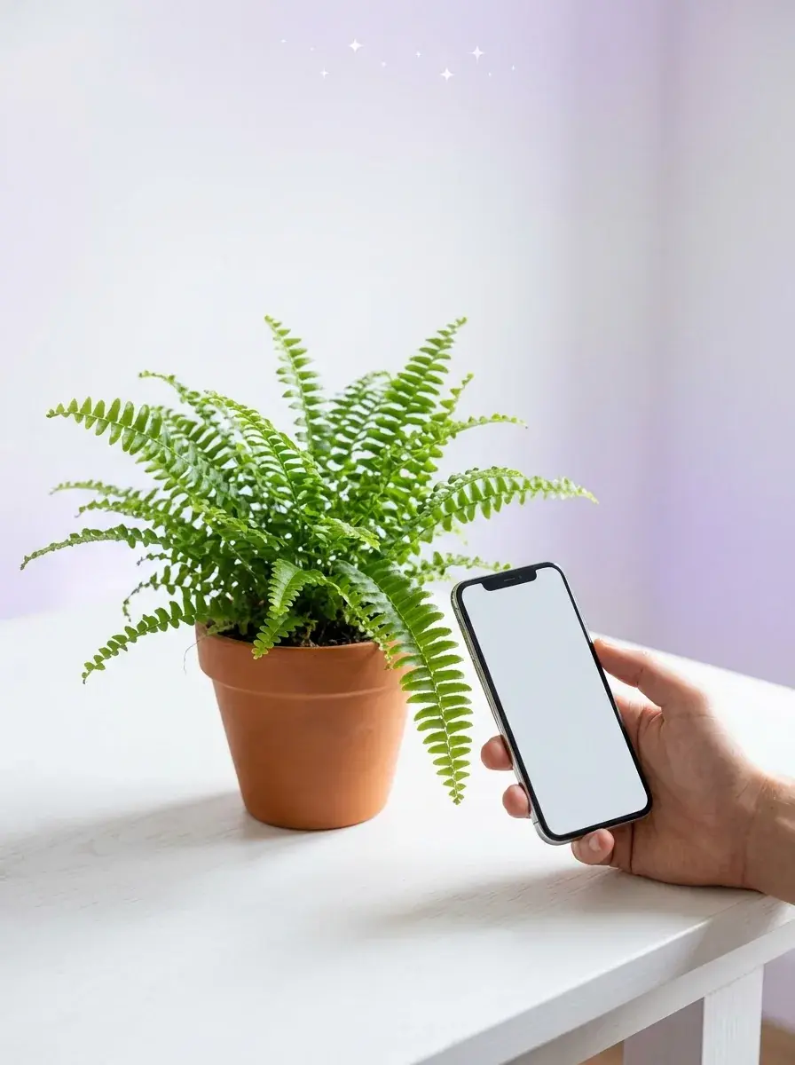 Smartphone identifiziert eine Topf-Monstera bei hellem Tageslicht