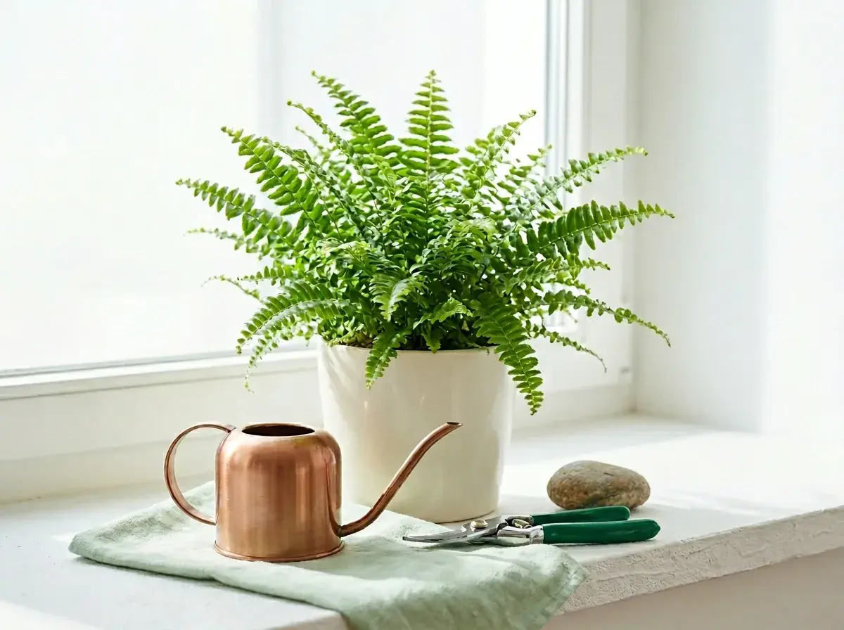 Plant care tools next to a healthy potted plant