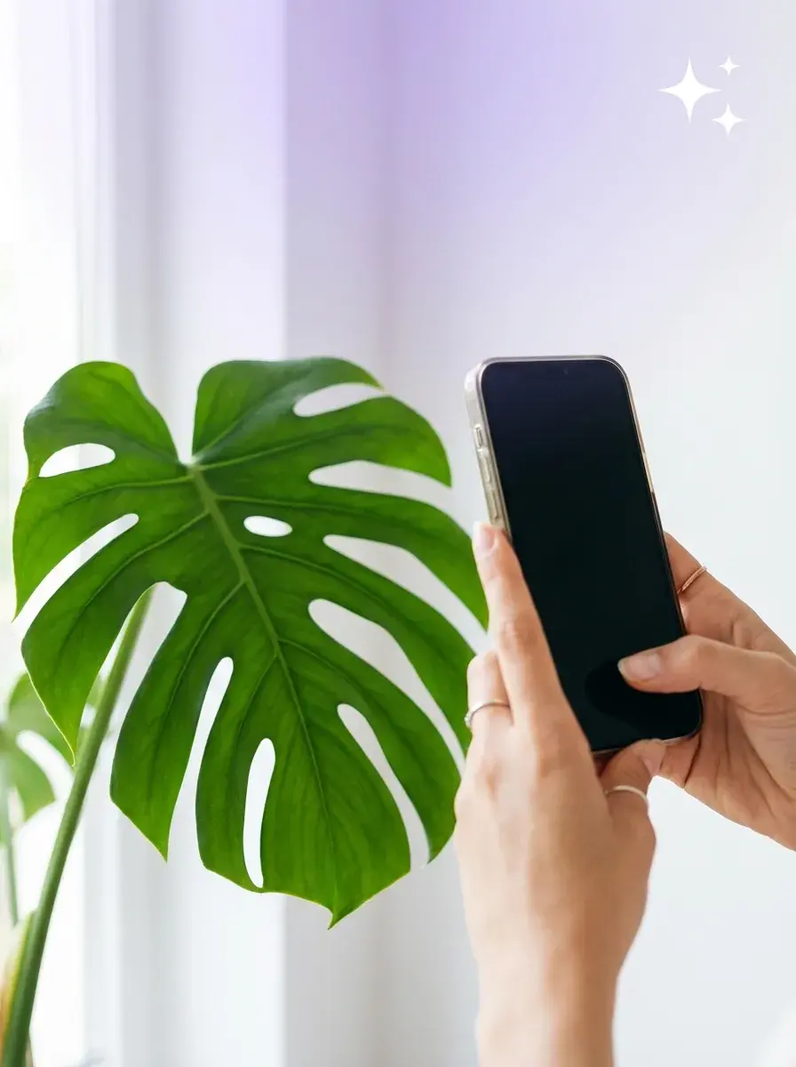 Folosind un smartphone pentru a fotografia o frunză verde de plantă pentru identificare