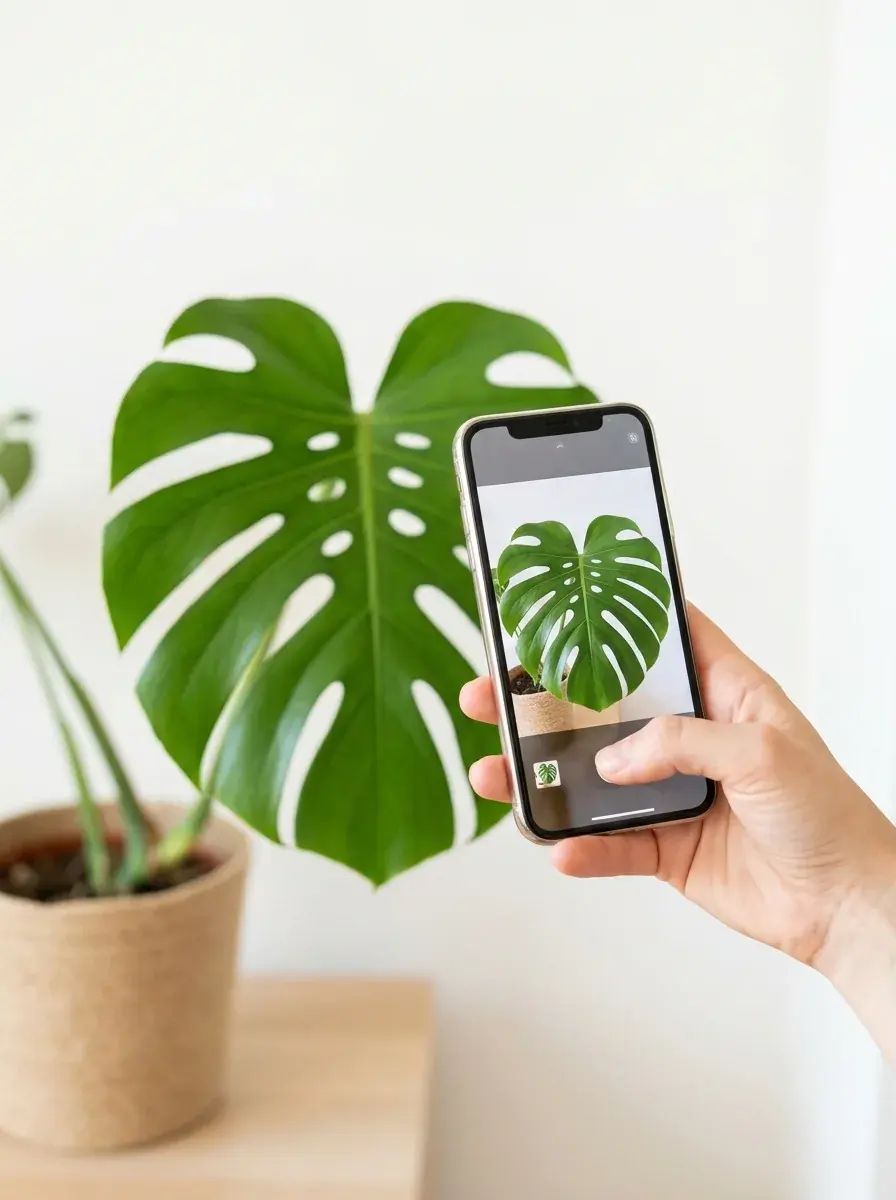Smartphone identificando a folha de uma planta de interior com um aplicativo gratuito de identificação de plantas.